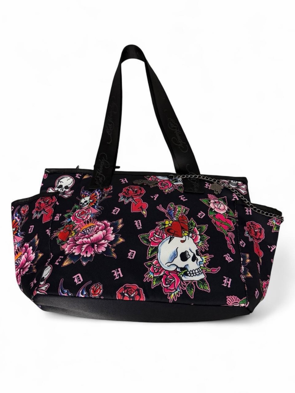 Ed Hardy Floral Skull lunch Tote Bag in Black and Pink